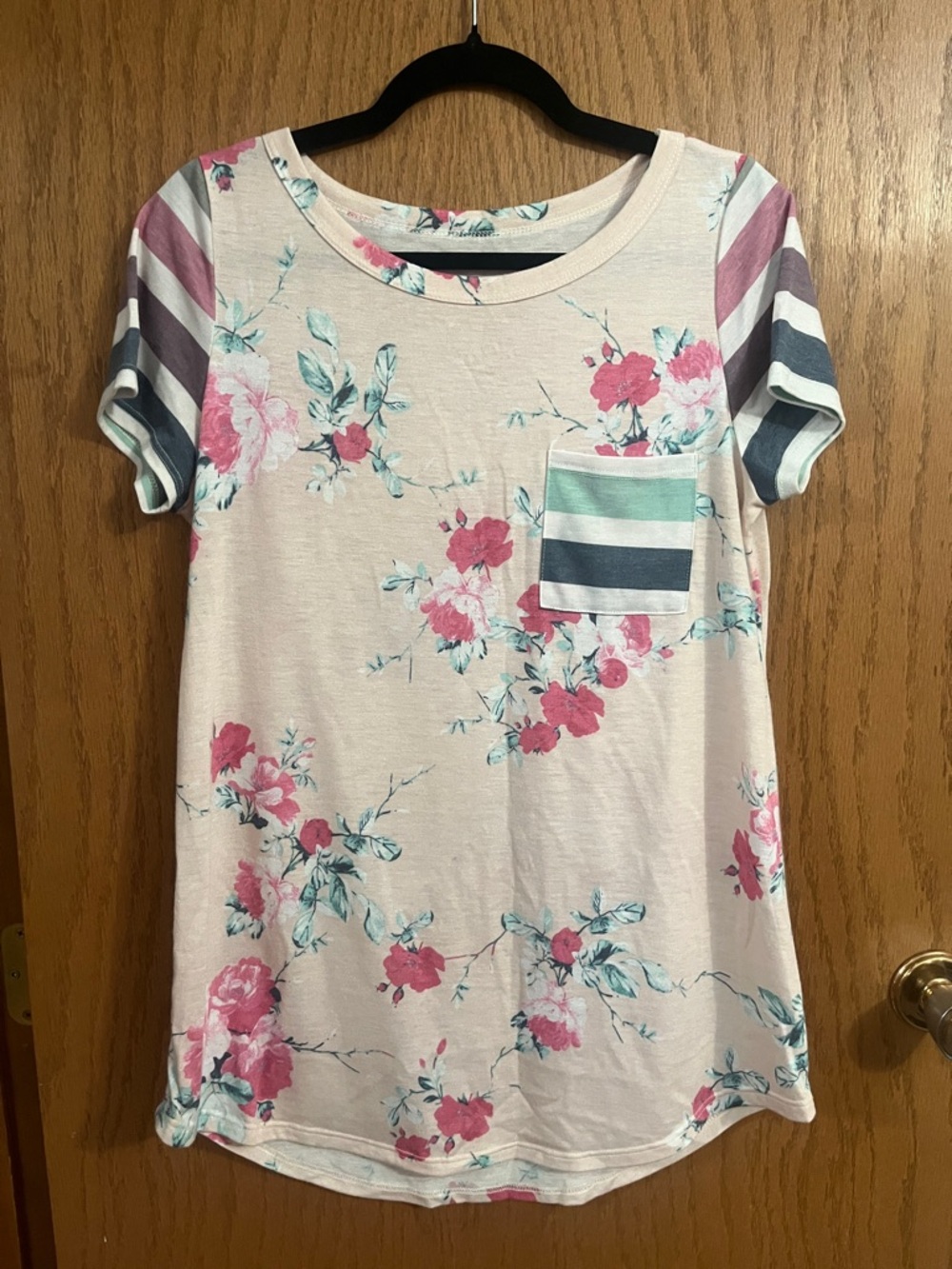 Floral Stripe Pocket Tee - Pink & Teal